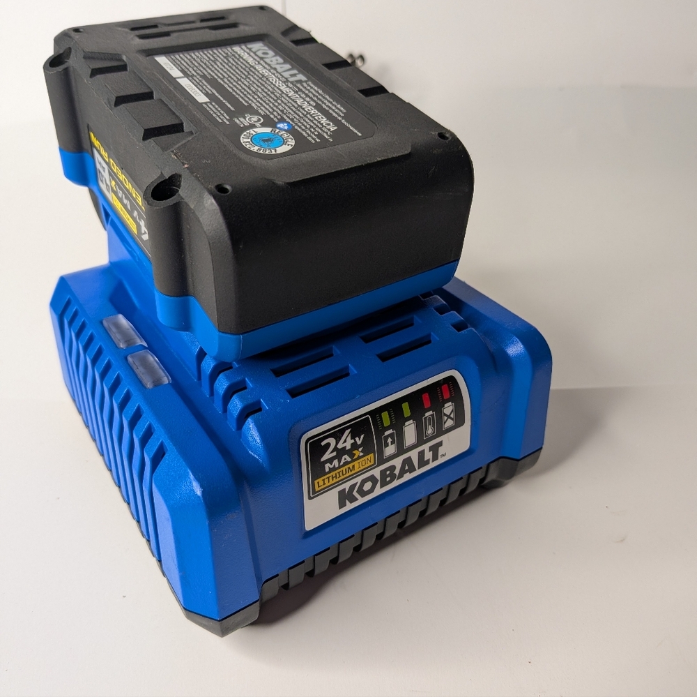 Kobalt 24V MAX lithium-ion battery charger with a 4.0Ah battery. The charger mo
